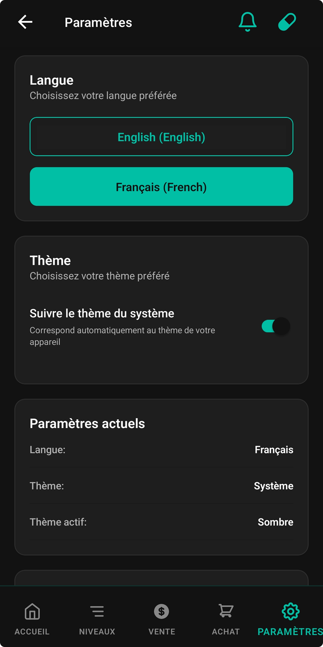 Application mobile Wellys - Paramètres